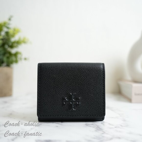 NWT Tory Burch Thea Black Pebbled Leather Tri-Fold Compact Wallet 169967 - Picture 3 of 8